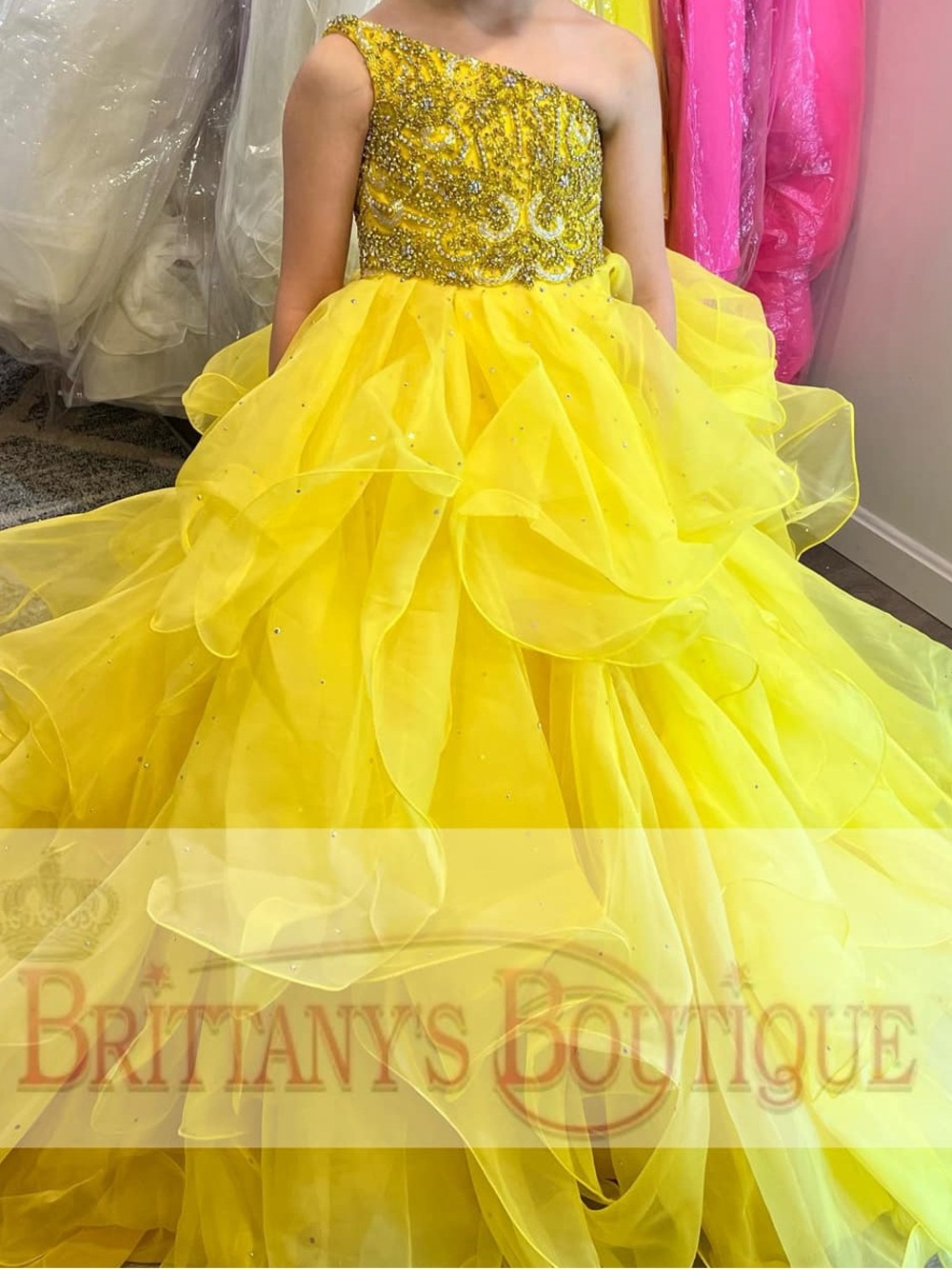 Sherri Hill Couture Yellow One-Shoulder Ruffle Ball Gown for Girls